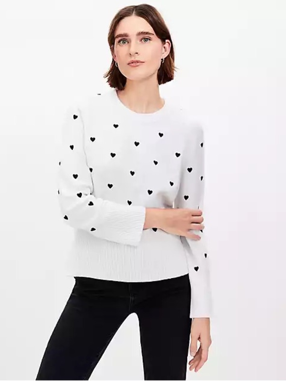 LOFT White Crewneck Sweater with Black Heart Print